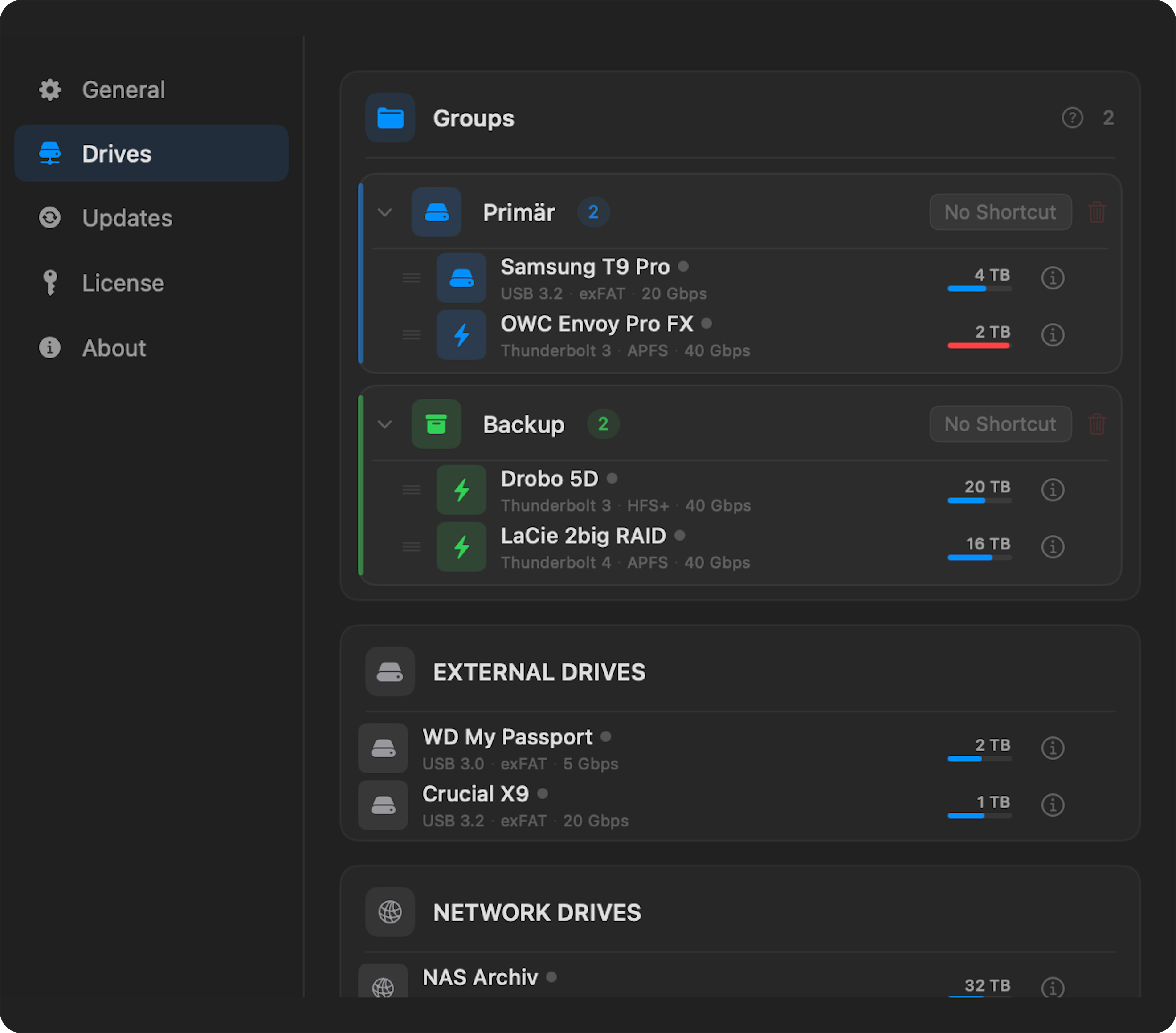EjectALL settings — drive groups with custom colors, icons and shortcuts