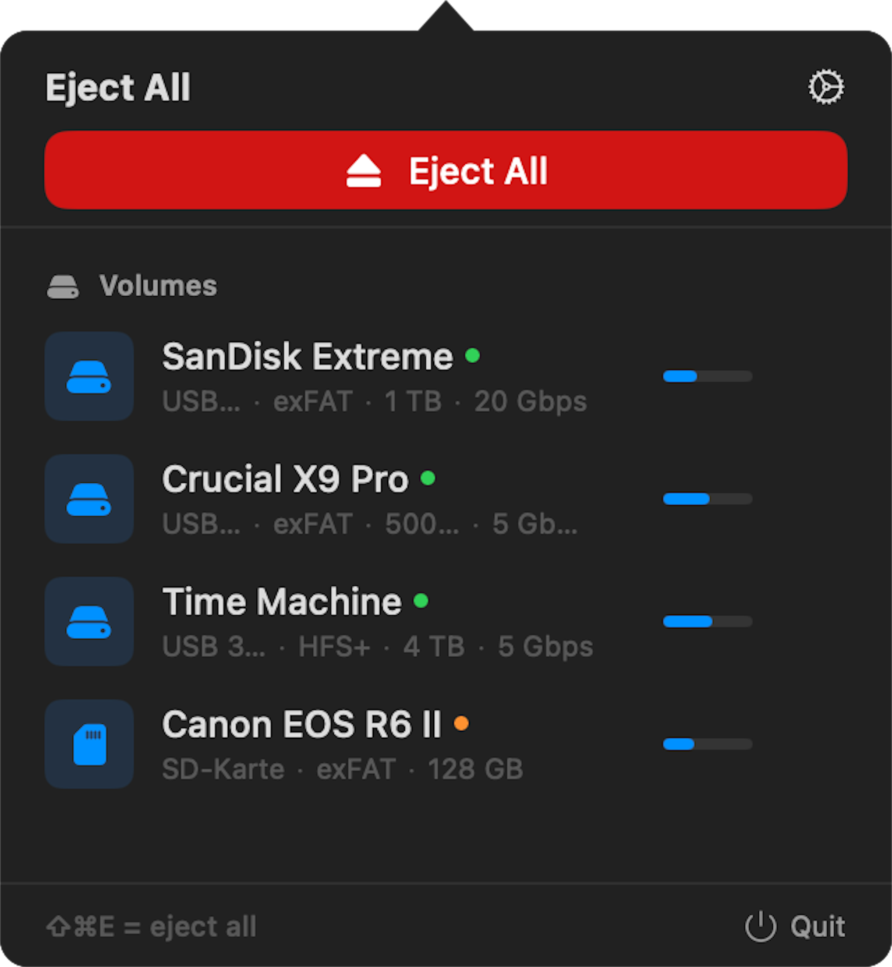 EjectALL menu bar — new drive connected
