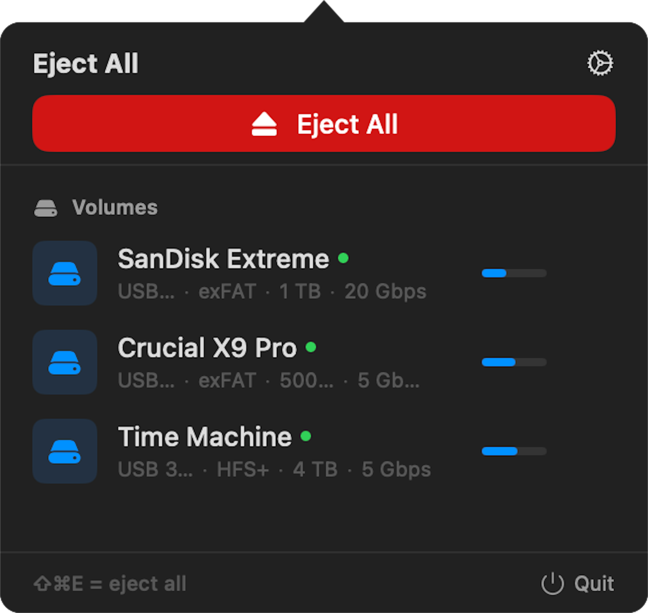 EjectALL menu bar — standard view with connected drives