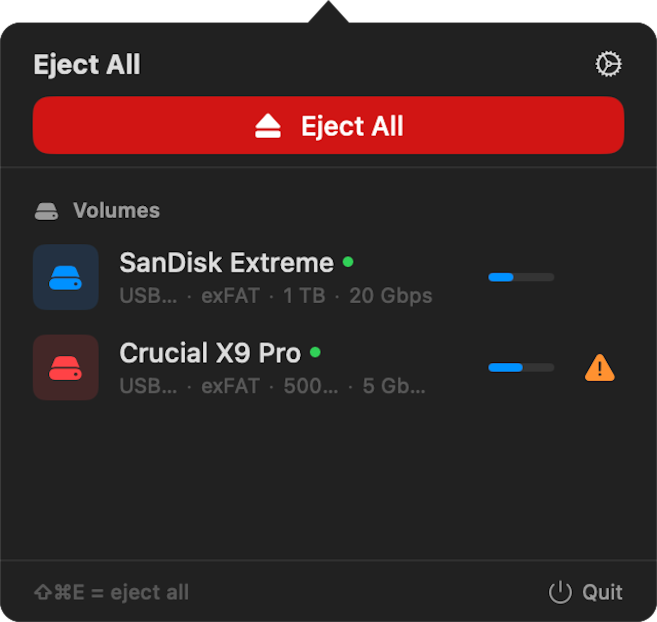 EjectALL menu bar — drive unsafely removed warning