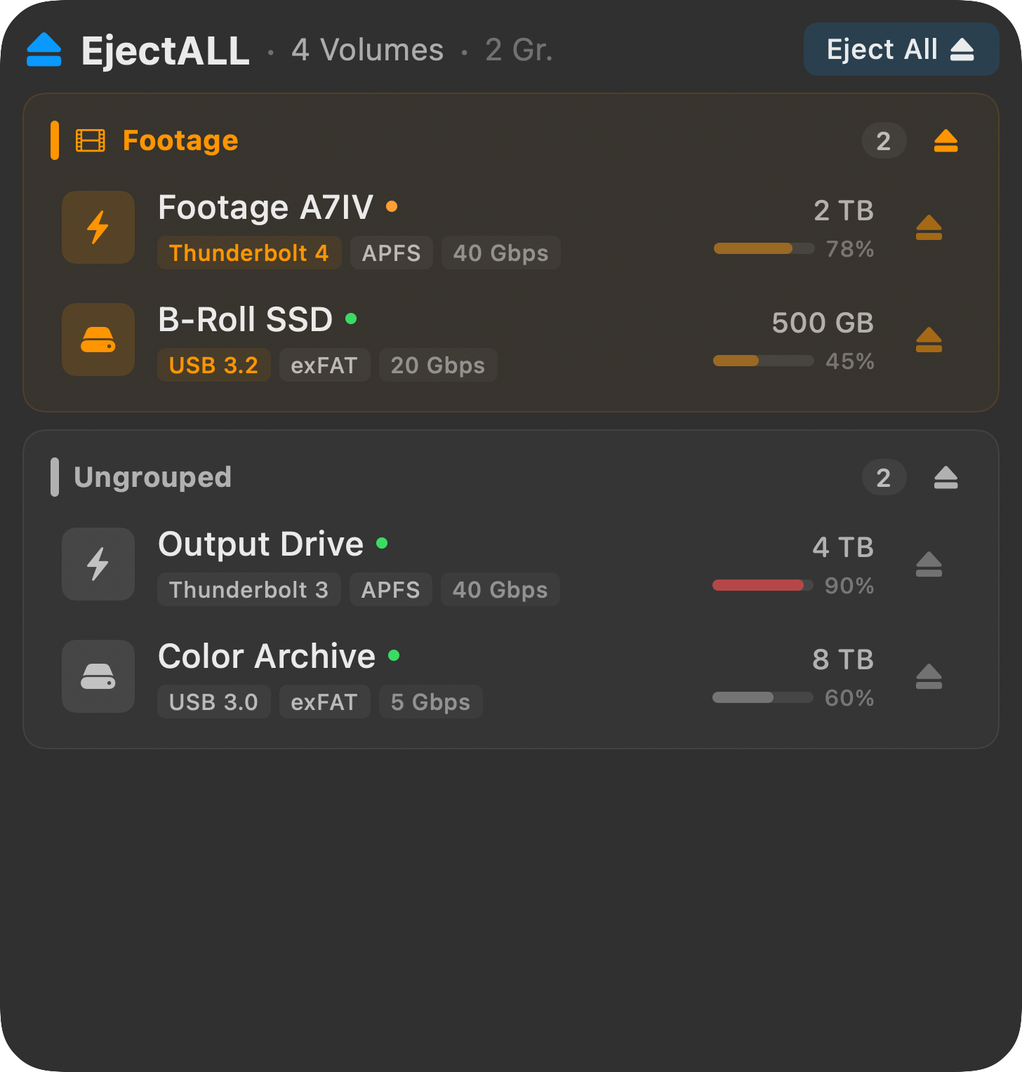 EjectALL Large Widget — full drive overview with groups and eject all