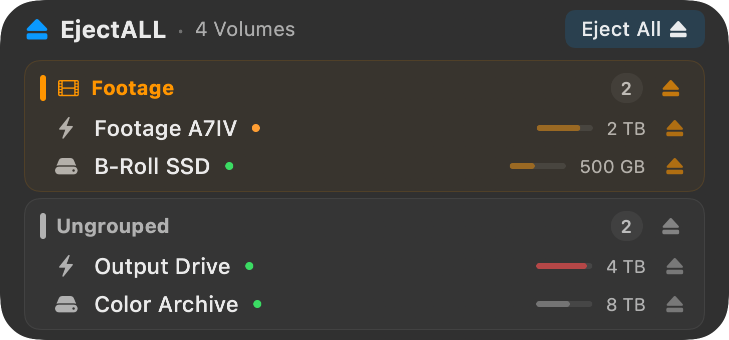 EjectALL Medium Widget — drive list with status and eject button