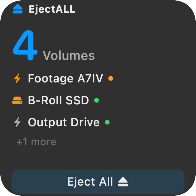 EjectALL Small Widget — macOS desktop widget showing connected drives